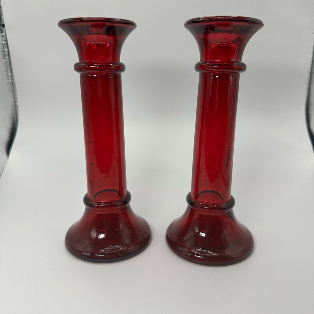 Pair of Indiana Glass Red Candle Holders. Original stickers.